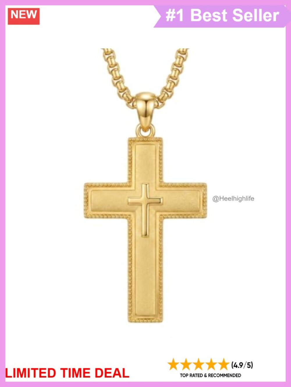 Men's 14K Gold Plated Layered Cross Pendant Necklace Stainless Steel Lobster